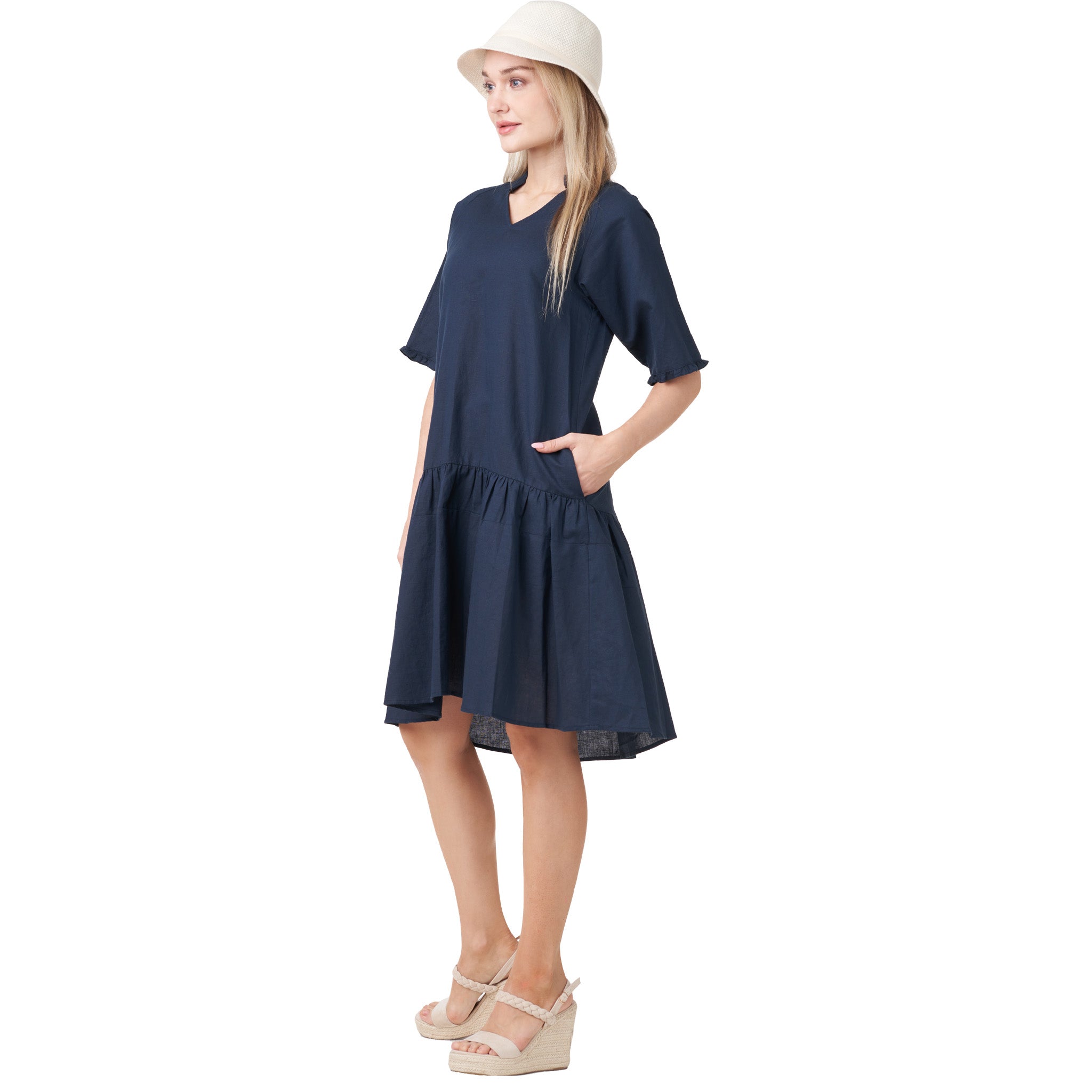 Anne Kelly Linen Ruffle Sleeves Dress